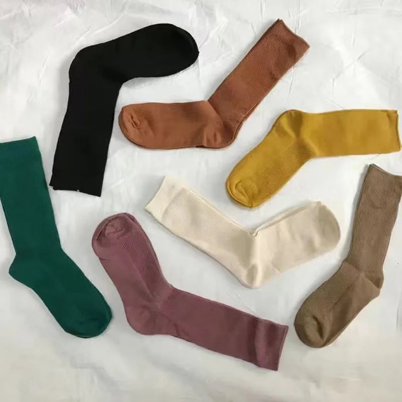 Chaussettes longues femme CHAOZHU – Coton japonais côtelé, multicolores, douces & coupe loose