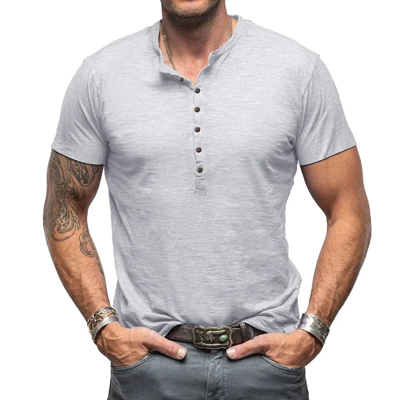 T-shirt homme manches courtes – Col Henley à boutons – Haut été casual, mode & confortable – Style outdoor