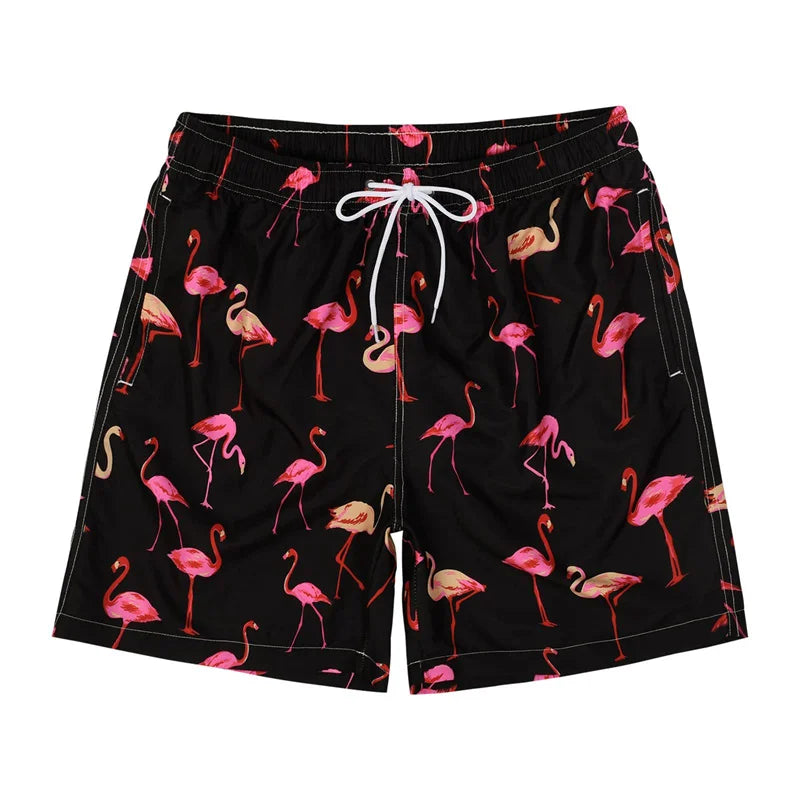 Short de Bain Homme Hawaïen – Imprimé 3D Flamants Roses & Tropical .