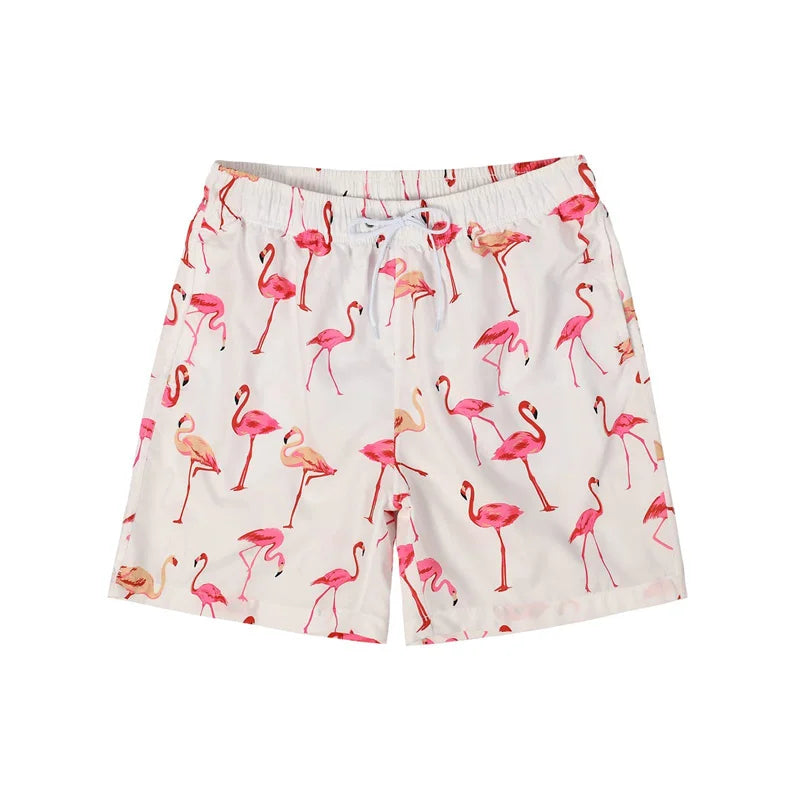 Short de Bain Homme Hawaïen – Imprimé 3D Flamants Roses & Tropical .