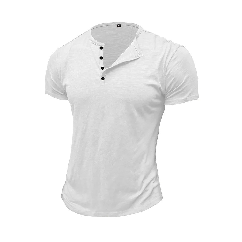 T-shirt homme en coton – Col Henley, manches courtes, été – T-shirt casual à boutons, couleur unie, confortable & respirant – Haute qualité