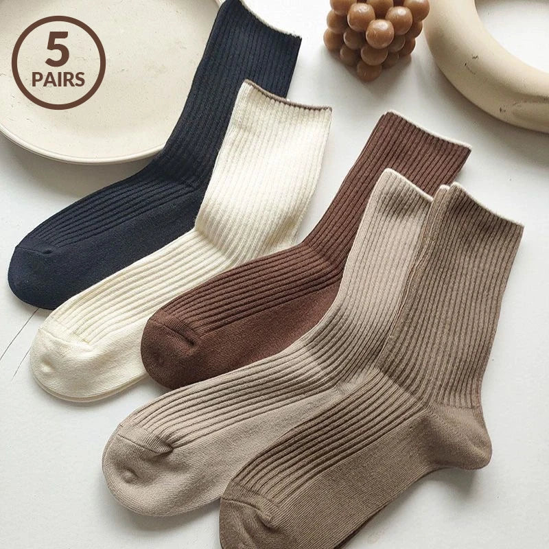 Lot de 5 paires de chaussettes femme – Couleur unie, longueur moyenne, style casual automne