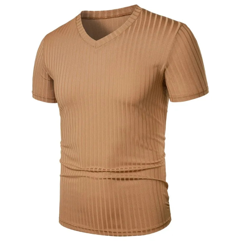 T-Shirt Homme– Col V Stretch, Léger & Côtelé, Style Streetwear Fitness Été