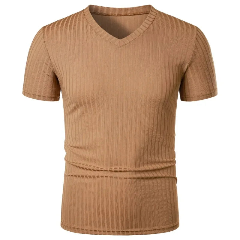 T-Shirt Homme– Col V Stretch, Léger & Côtelé, Style Streetwear Fitness Été