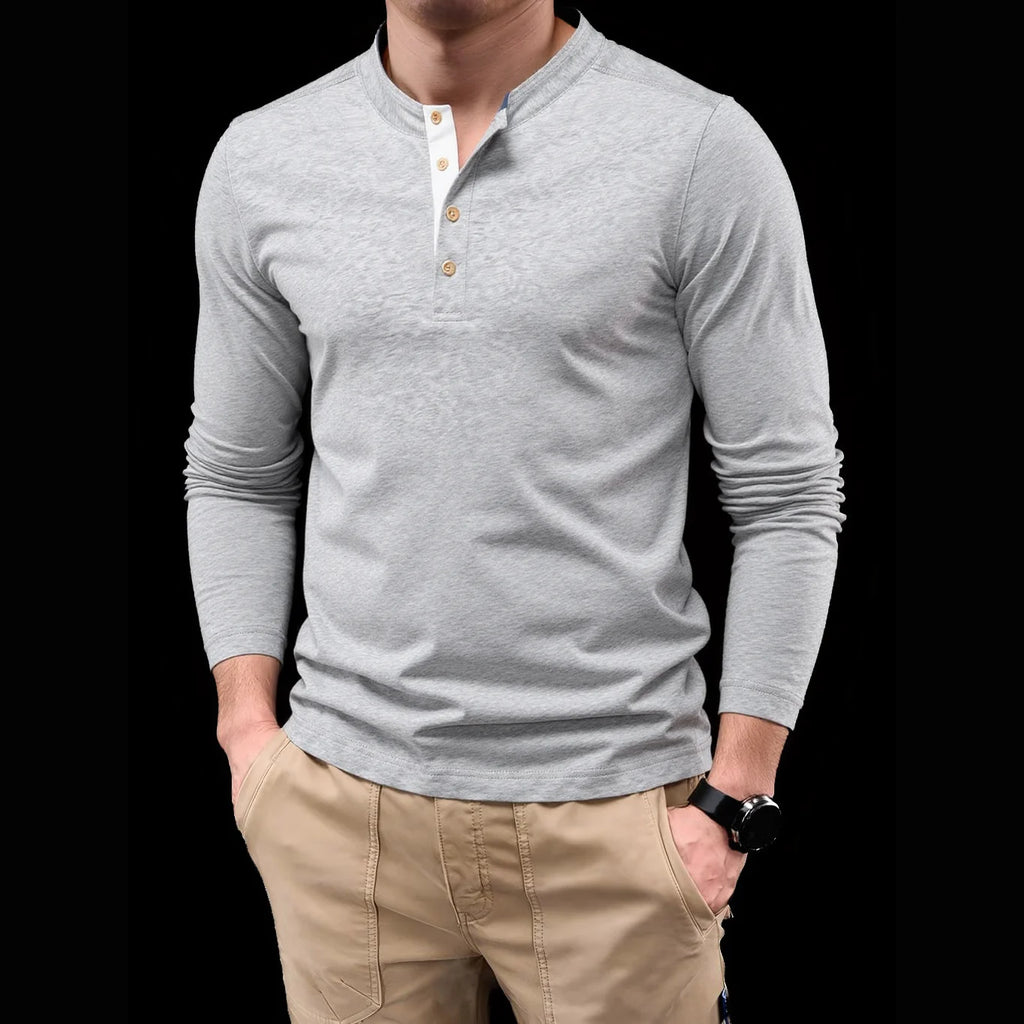 T-shirt Henley Homme Épais – 100% Coton, Manches Longues Thermiques – Col à Boutons, Workwear Automne/Hiver, Haute Durabilité