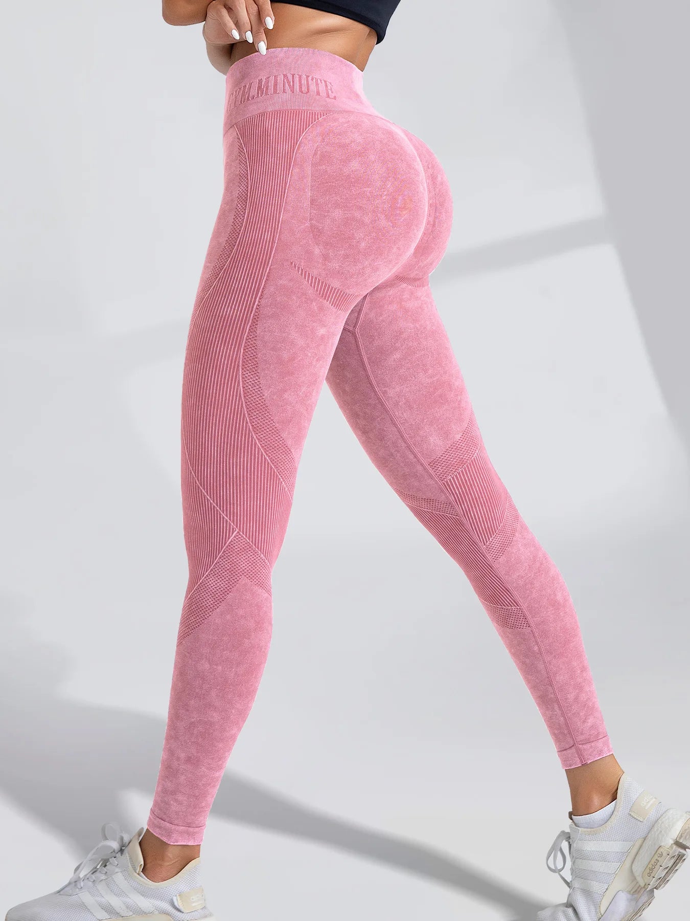 Legging de Sport Femme Seamless Taille Haute – Effet Push-Up Hanches, Yoga & Fitness, Tissu Sand Washed, Imprimé Lettres