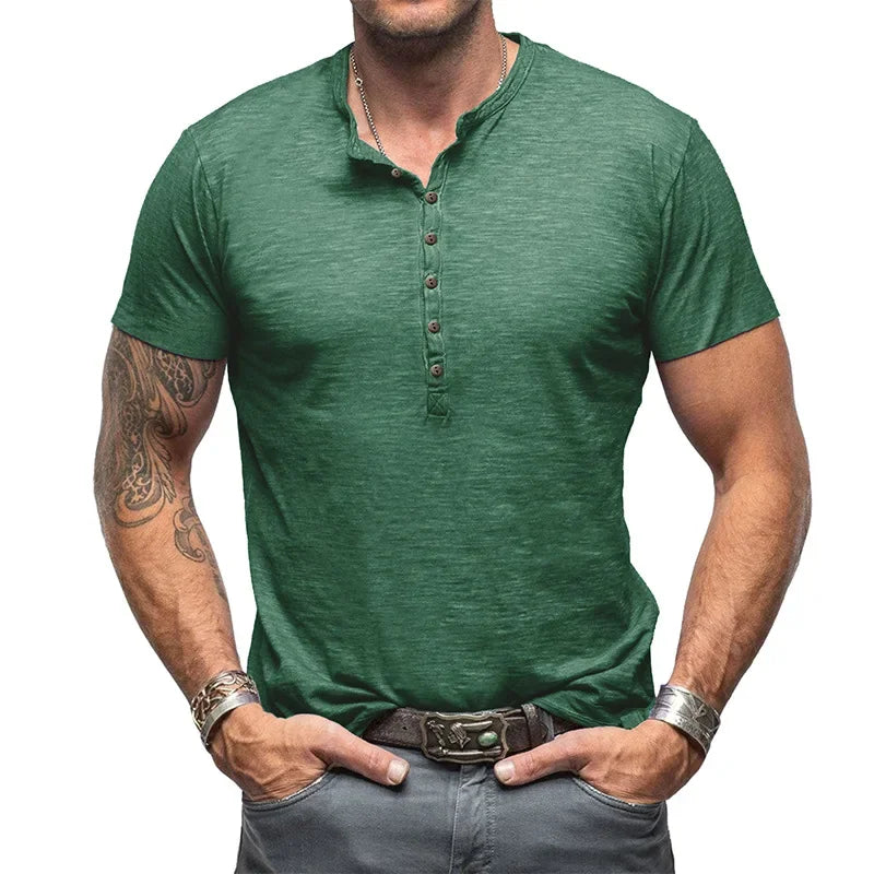 T-shirt homme manches courtes – Col Henley à boutons – Haut été casual, mode & confortable – Style outdoor