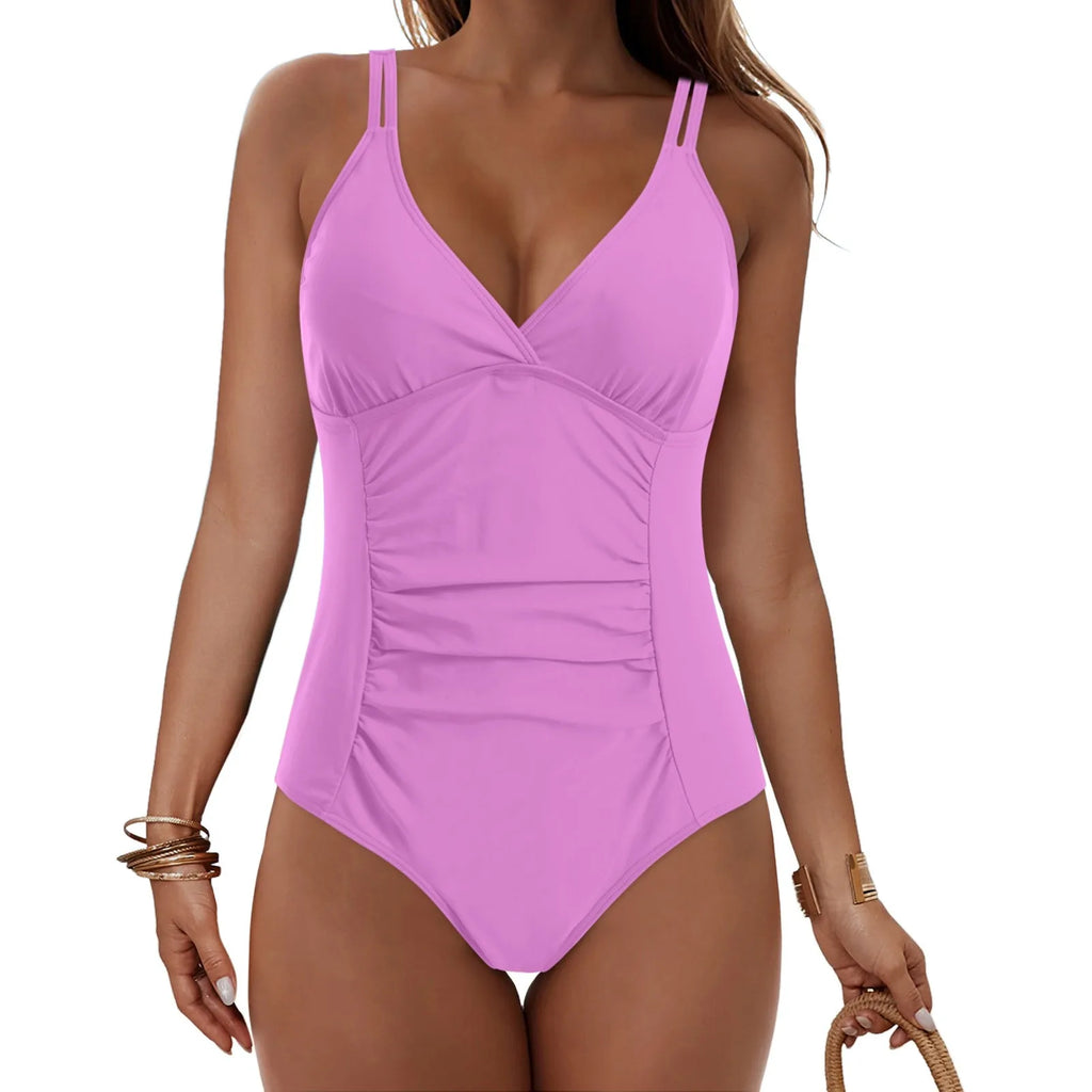 Maillot de Bain Femme 1 Pièce Sexy – Décolleté V, Effet Froncé Gainant, Couleur Unie, Beachwear Été.