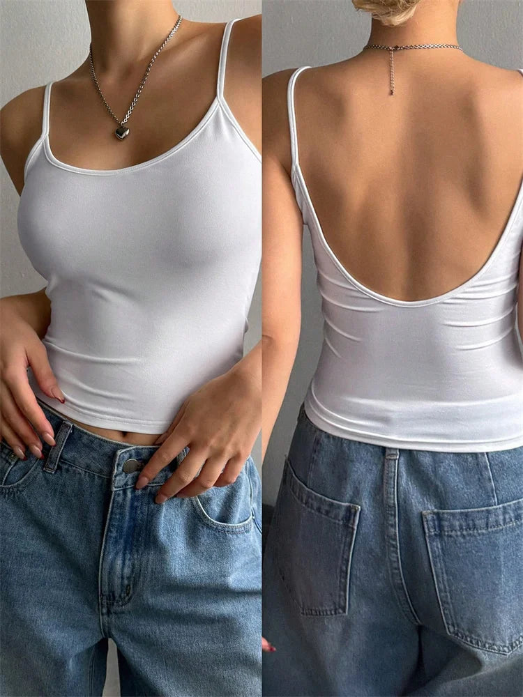 Crop Top Femme Dos Nu Débardeur Court Uni, Sans Manches, Style Y2K Streetwear, Été