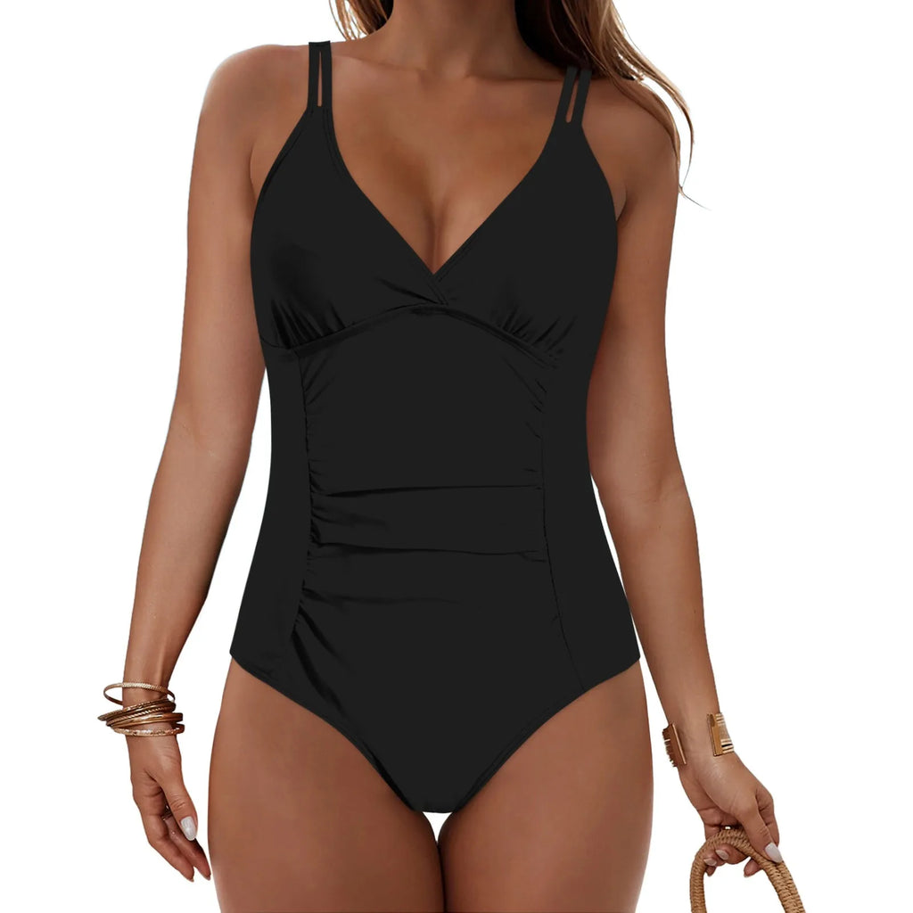 Maillot de Bain Femme 1 Pièce Sexy – Décolleté V, Effet Froncé Gainant, Couleur Unie, Beachwear Été.