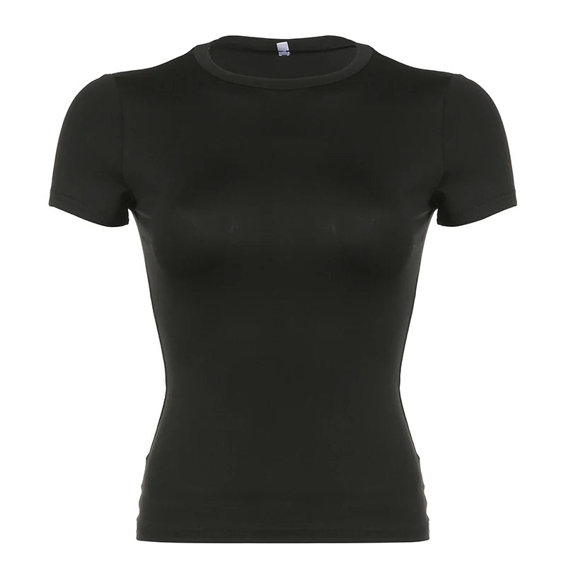 Crop top femme moulant – basique uni, manches courtes, col rond – style Y2K vintage & streetwear