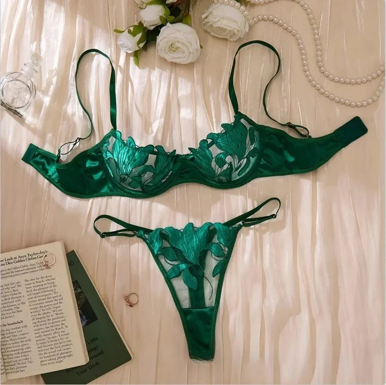 Tornova Lingerie sexy femme – Dentelle transparente, soutien-gorge push-up + culotte brodée, érotique et fin