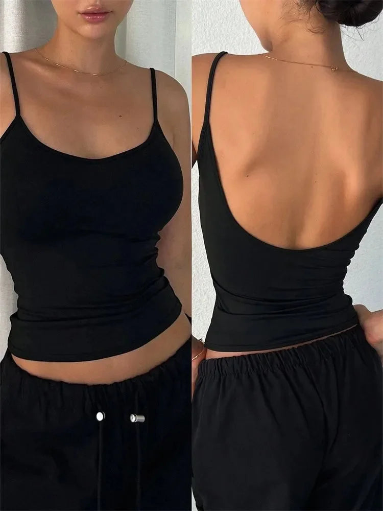 Crop Top Femme Dos Nu Débardeur Court Uni, Sans Manches, Style Y2K Streetwear, Été