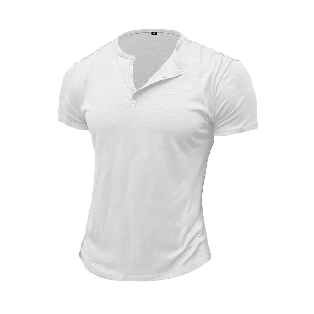 T-shirt homme en coton – Col Henley, manches courtes, été – T-shirt casual à boutons, couleur unie, confortable & respirant – Haute qualité