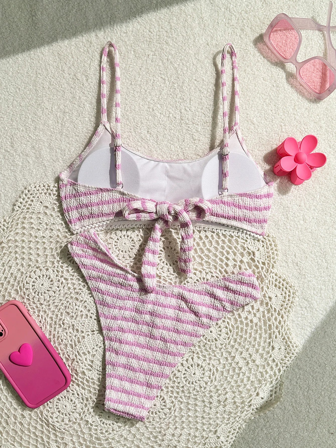 Bikini noir et rose Rayé F Halter Plissé Push-Up, Micro String Brésilien, Maillot de Bain Sexy