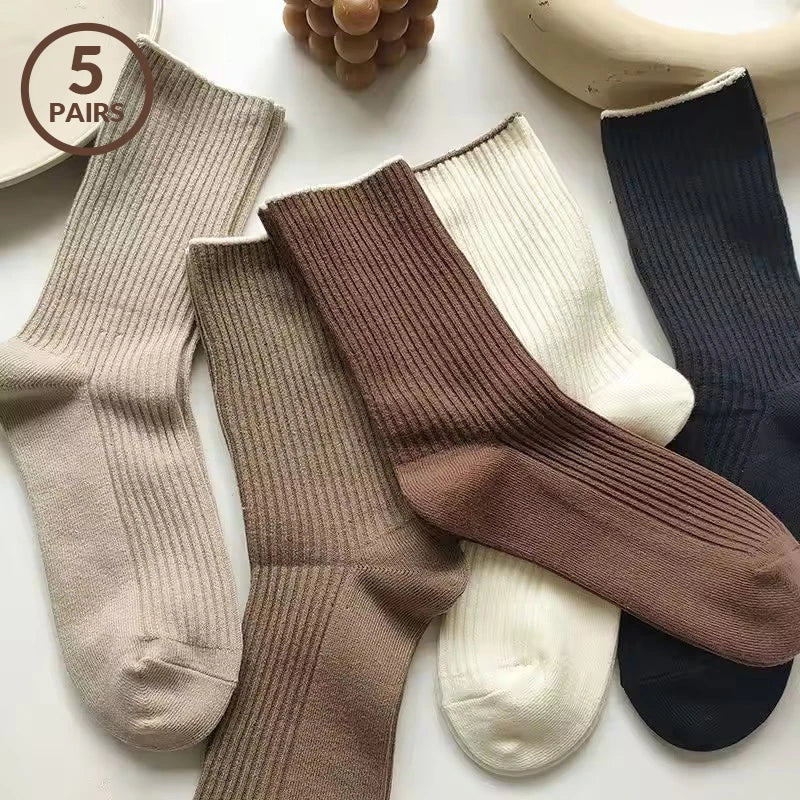 Lot de 5 paires de chaussettes femme – Couleur unie, longueur moyenne, style casual automne