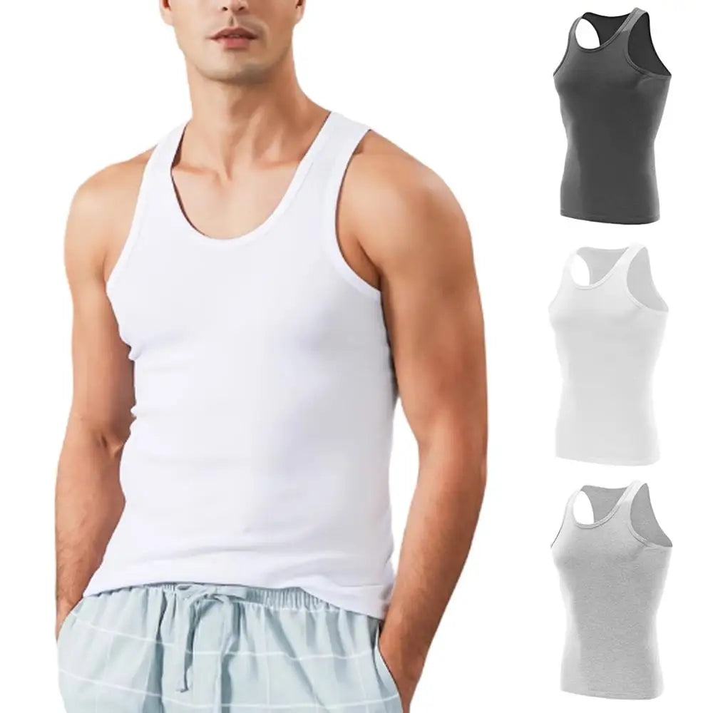 Débardeur homme en coton blanc sans manches, style casual été; variantes gris et blanc visibles à droite