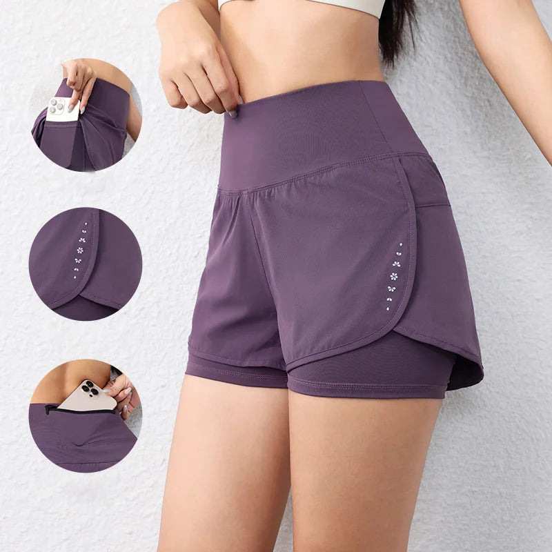 Short de Sport Femme Taille Élastique, Avec Poches, Running, Yoga & Fitness