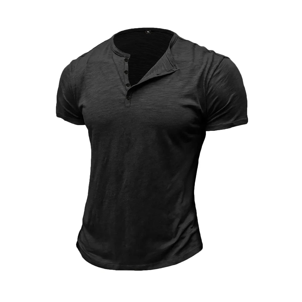 T-shirt homme en coton – Col Henley, manches courtes, été – T-shirt casual à boutons, couleur unie, confortable & respirant – Haute qualité