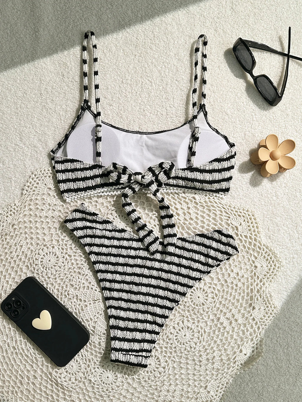 Bikini noir et rose Rayé F Halter Plissé Push-Up, Micro String Brésilien, Maillot de Bain Sexy