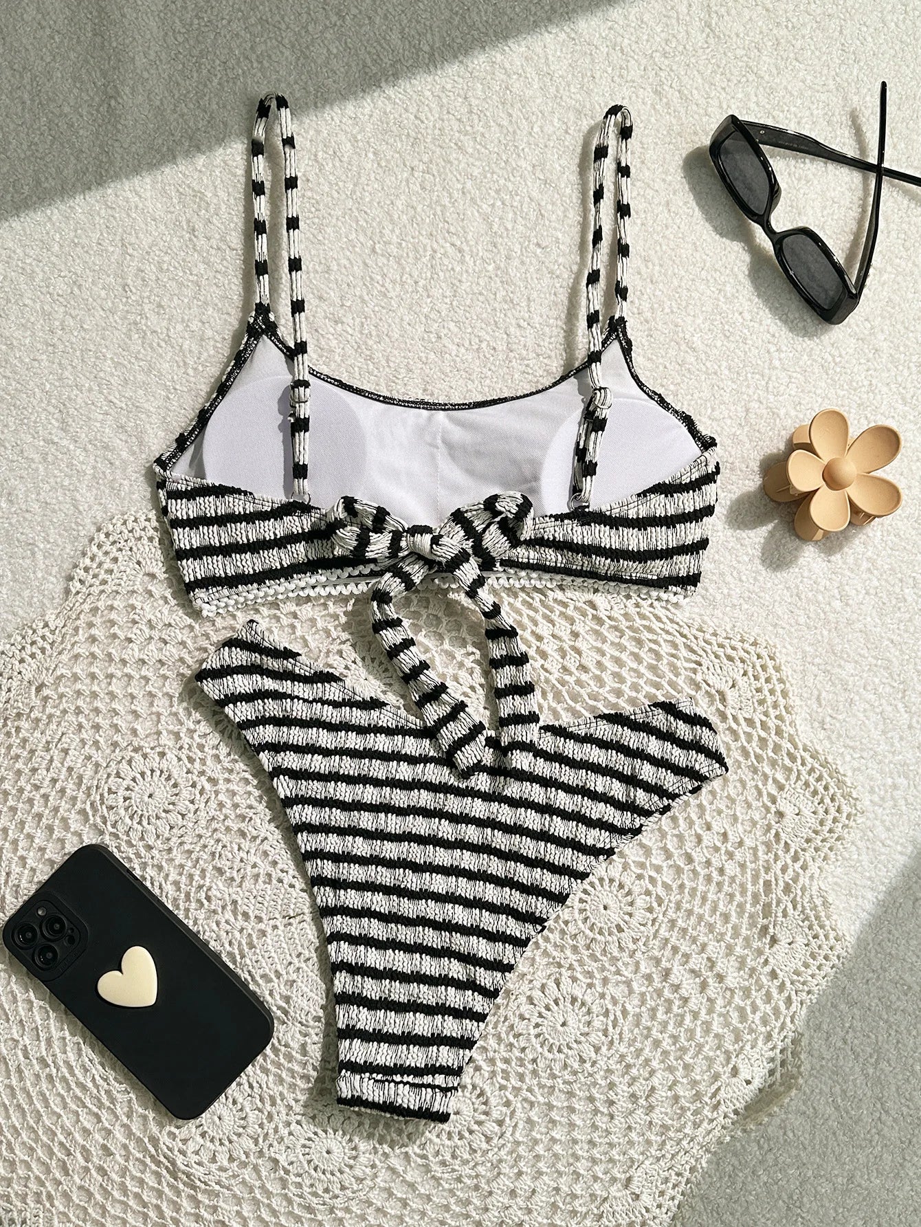 Bikini noir et rose Rayé F Halter Plissé Push-Up, Micro String Brésilien, Maillot de Bain Sexy
