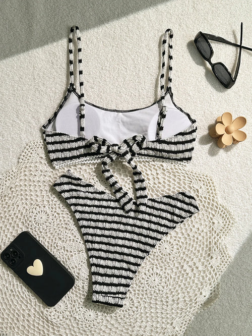 Bikini noir et rose Rayé F Halter Plissé Push-Up, Micro String Brésilien, Maillot de Bain Sexy