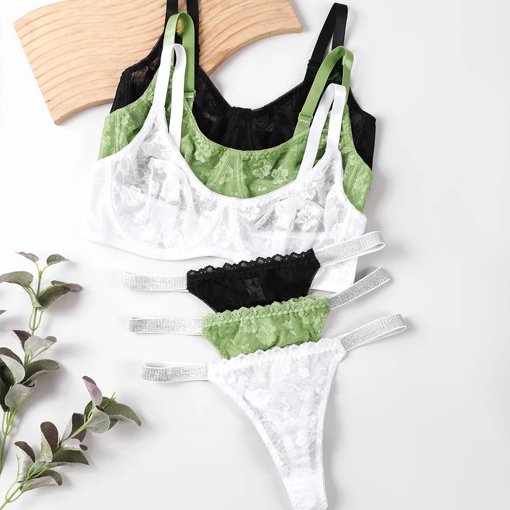 lingerie dentelle florale sexy – Soutien-gorge + string | Respirant, grandes tailles B-F