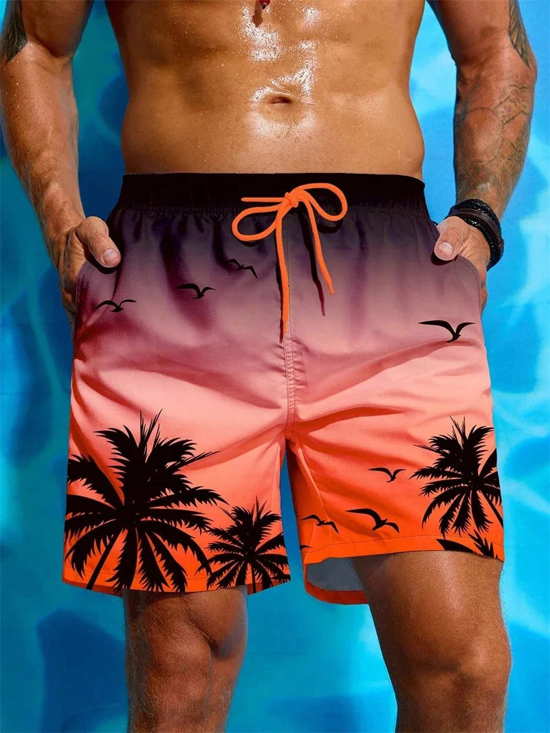 Boardshort Homme Vintage Imprimé 3D Palmiers Tropicaux, Short Hawaïen Respirant & Séchage Rapide.
