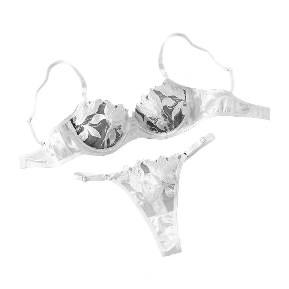 Ensemble lingerie luxe dentelle brodée – Soutien-gorge armatures + culotte, bretelles ajustables, taille basse
