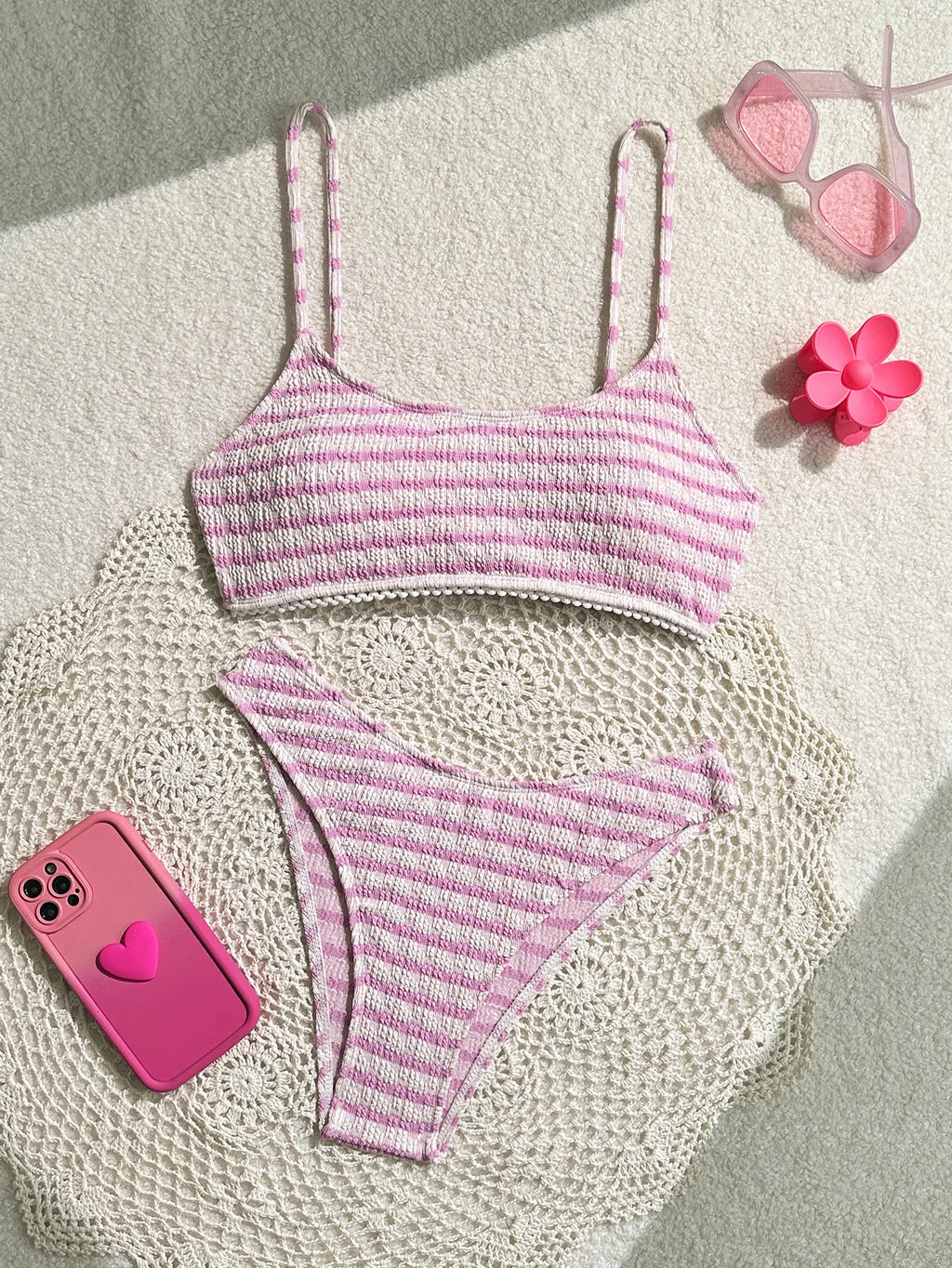Bikini noir et rose Rayé F Halter Plissé Push-Up, Micro String Brésilien, Maillot de Bain Sexy