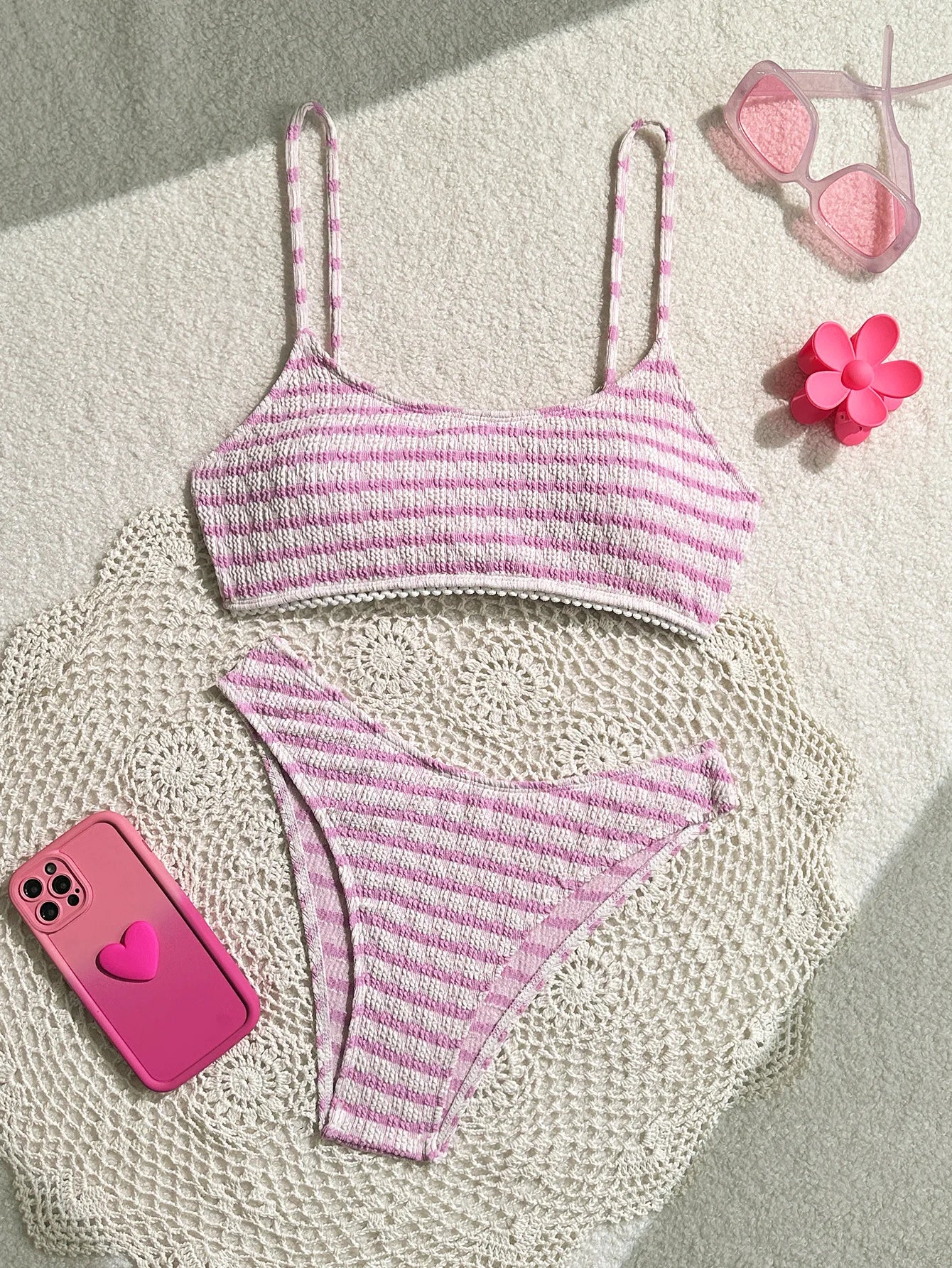 Bikini noir et rose Rayé F Halter Plissé Push-Up, Micro String Brésilien, Maillot de Bain Sexy
