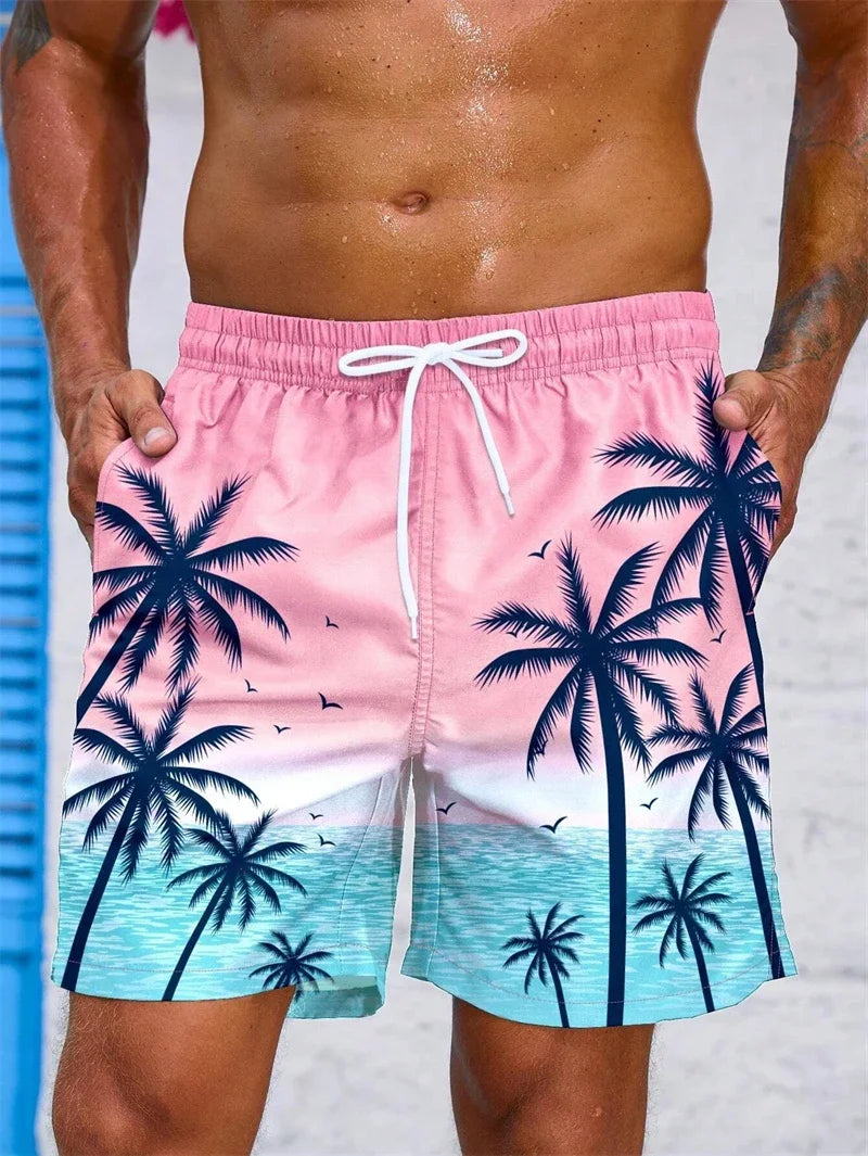 Boardshort Homme Vintage Imprimé 3D Palmiers Tropicaux, Short Hawaïen Respirant & Séchage Rapide.