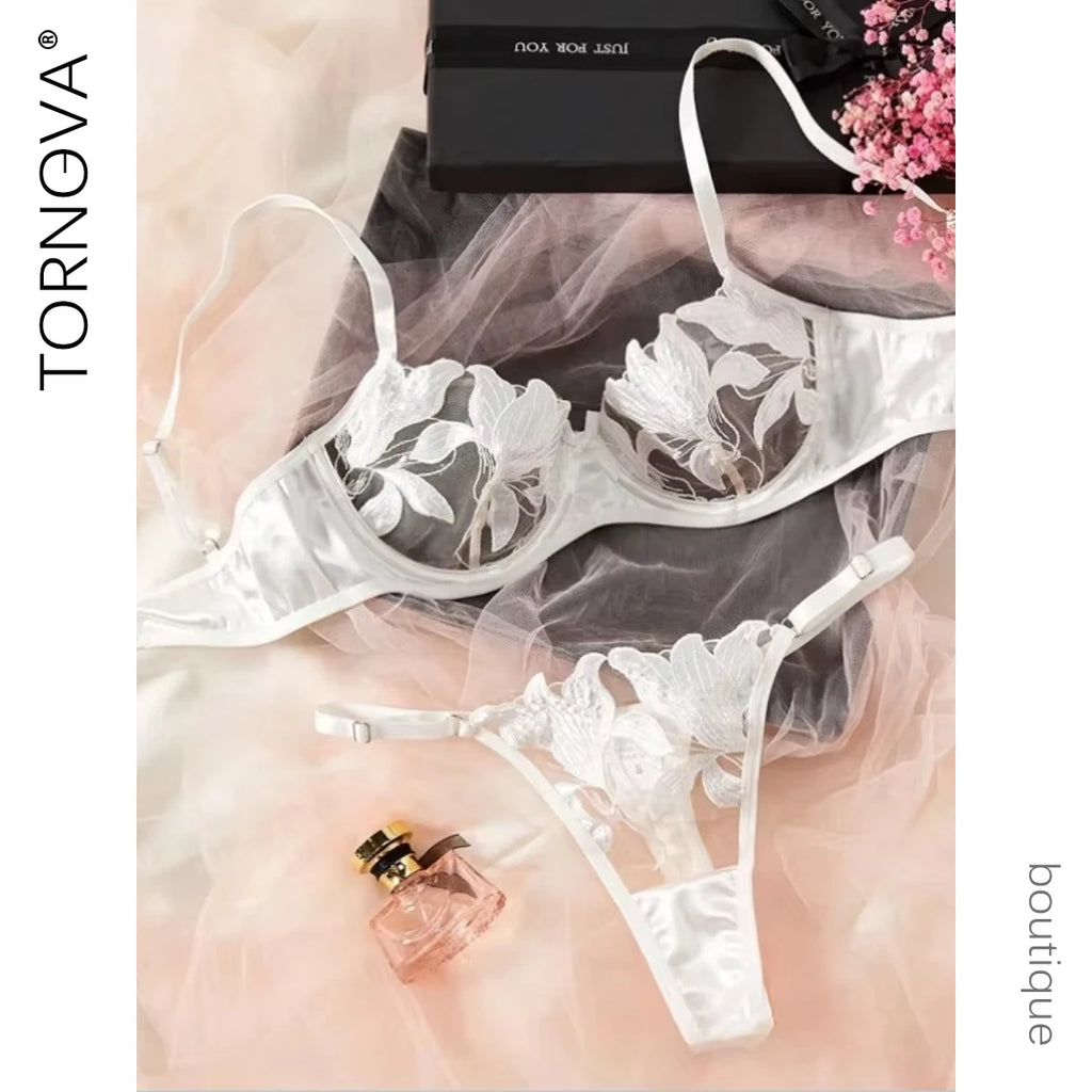 Tornova Lingerie sexy femme – Dentelle transparente, soutien-gorge push-up + culotte brodée, érotique et fin