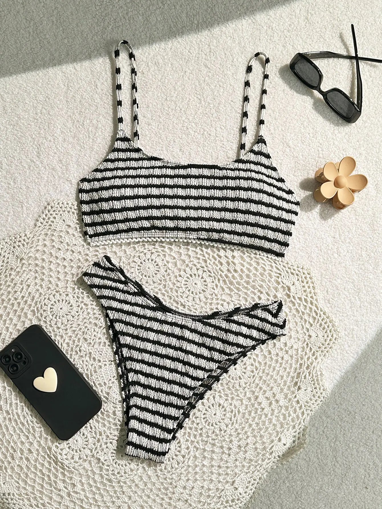 Bikini noir et rose Rayé F Halter Plissé Push-Up, Micro String Brésilien, Maillot de Bain Sexy