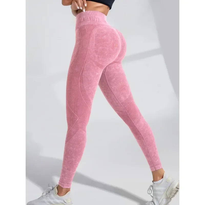 Legging de Sport Femme Seamless Taille Haute – Effet Push-Up Hanches, Yoga & Fitness, Tissu Sand Washed, Imprimé Lettres