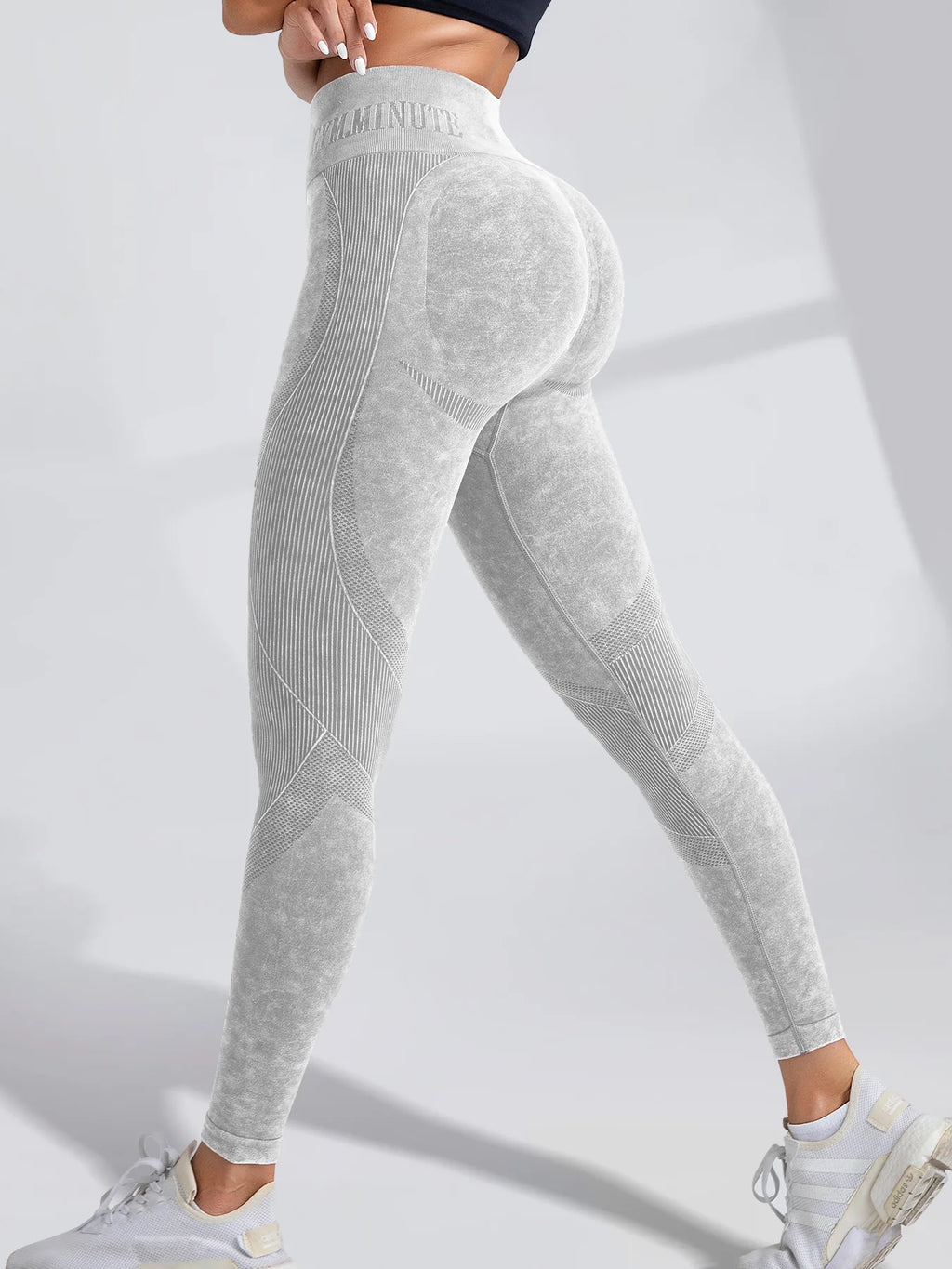 Legging de Sport Femme Seamless Taille Haute – Effet Push-Up Hanches, Yoga & Fitness, Tissu Sand Washed, Imprimé Lettres