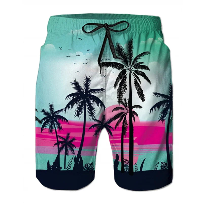 Boardshort Homme Vintage Imprimé 3D Palmiers Tropicaux, Short Hawaïen Respirant & Séchage Rapide.