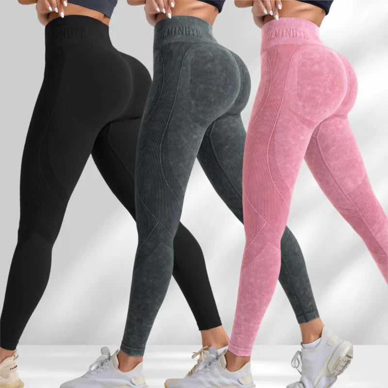 Legging de Sport Femme Seamless Taille Haute – Effet Push-Up Hanches, Yoga & Fitness, Tissu Sand Washed, Imprimé Lettres