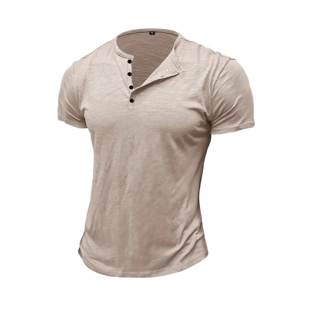 T-shirt homme en coton – Col Henley, manches courtes, été – T-shirt casual à boutons, couleur unie, confortable & respirant – Haute qualité