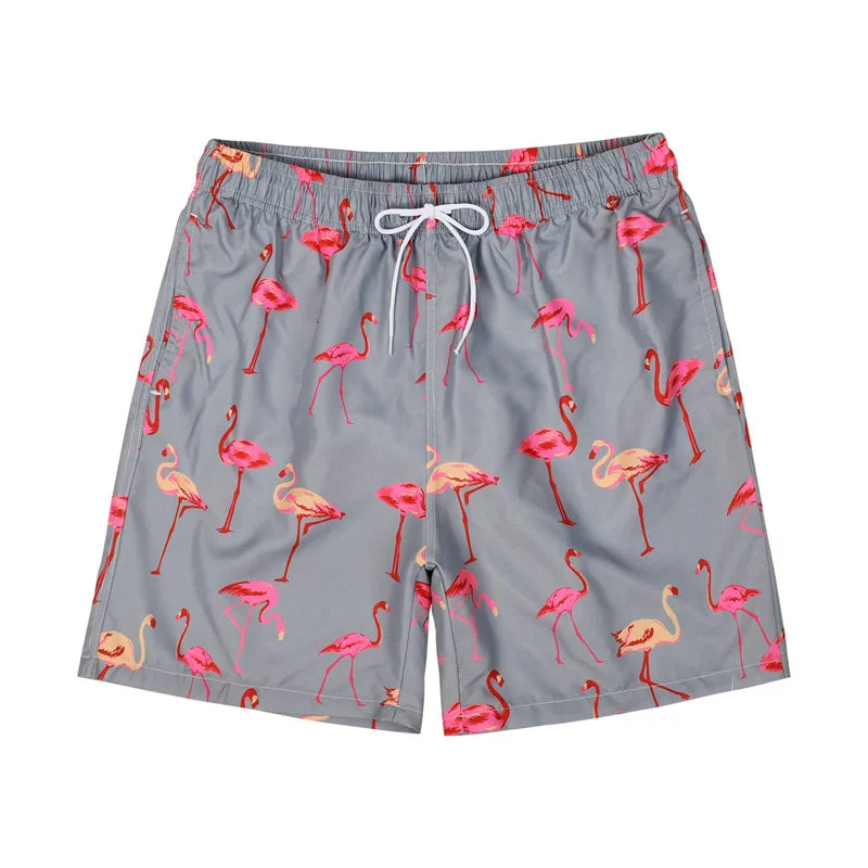 Short de Bain Homme Hawaïen – Imprimé 3D Flamants Roses & Tropical .