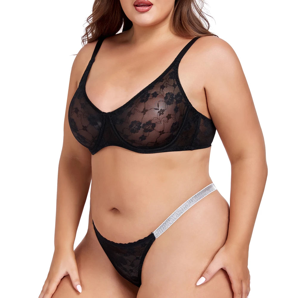 lingerie dentelle florale sexy – Soutien-gorge + string | Respirant, grandes tailles B-F