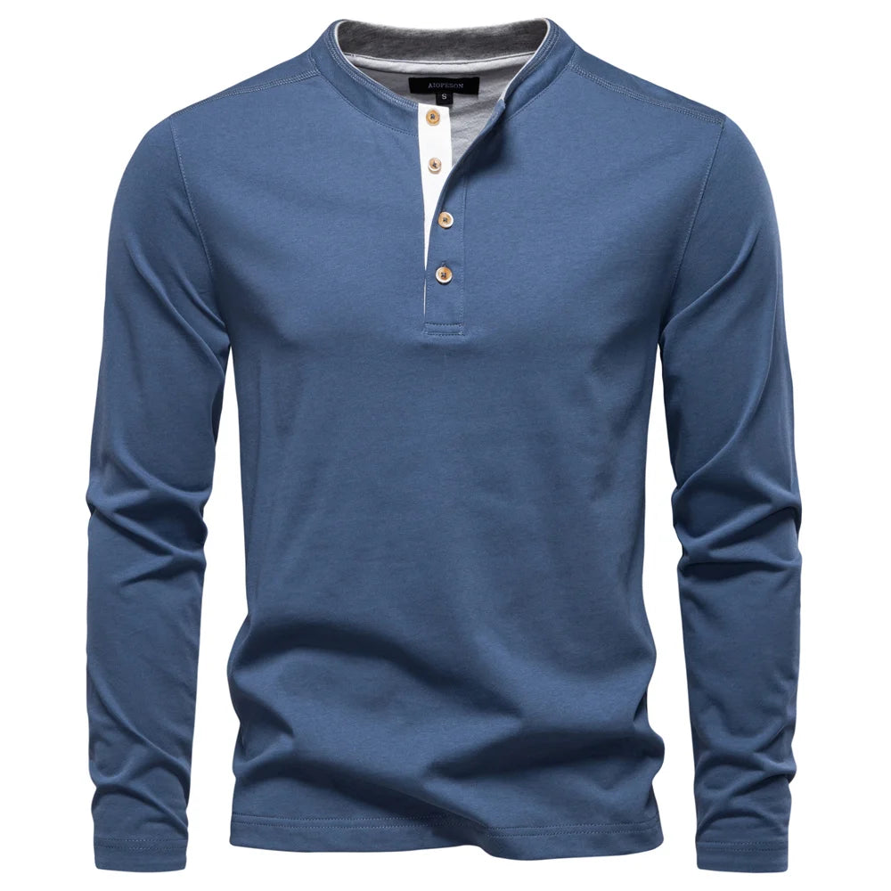 T-shirt Henley Homme Épais – 100% Coton, Manches Longues Thermiques – Col à Boutons, Workwear Automne/Hiver, Haute Durabilité