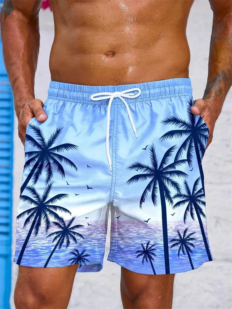 Boardshort Homme Vintage Imprimé 3D Palmiers Tropicaux, Short Hawaïen Respirant & Séchage Rapide.