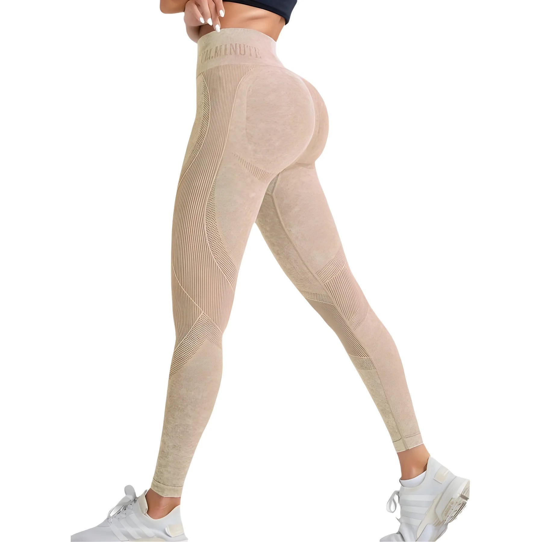Legging de Sport Femme Seamless Taille Haute – Effet Push-Up Hanches, Yoga & Fitness, Tissu Sand Washed, Imprimé Lettres