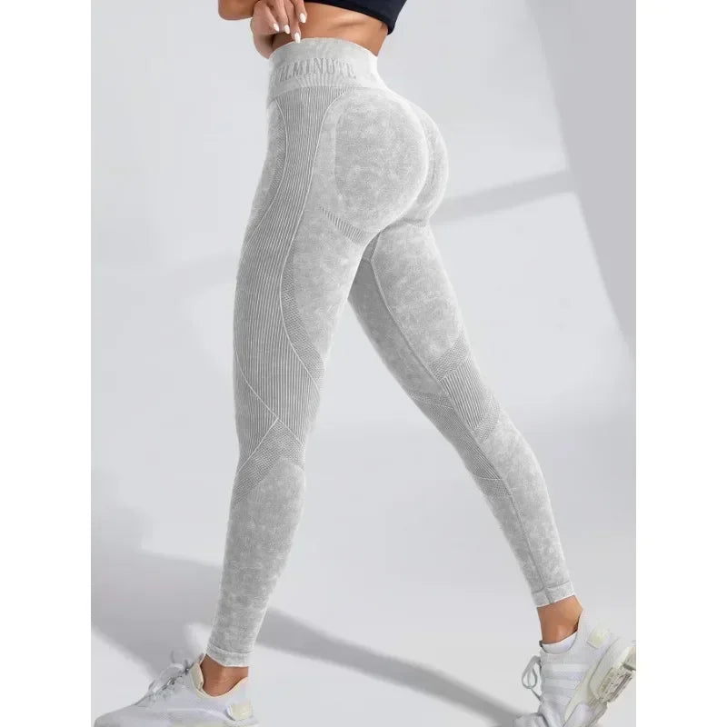 Legging de Sport Femme Seamless Taille Haute – Effet Push-Up Hanches, Yoga & Fitness, Tissu Sand Washed, Imprimé Lettres