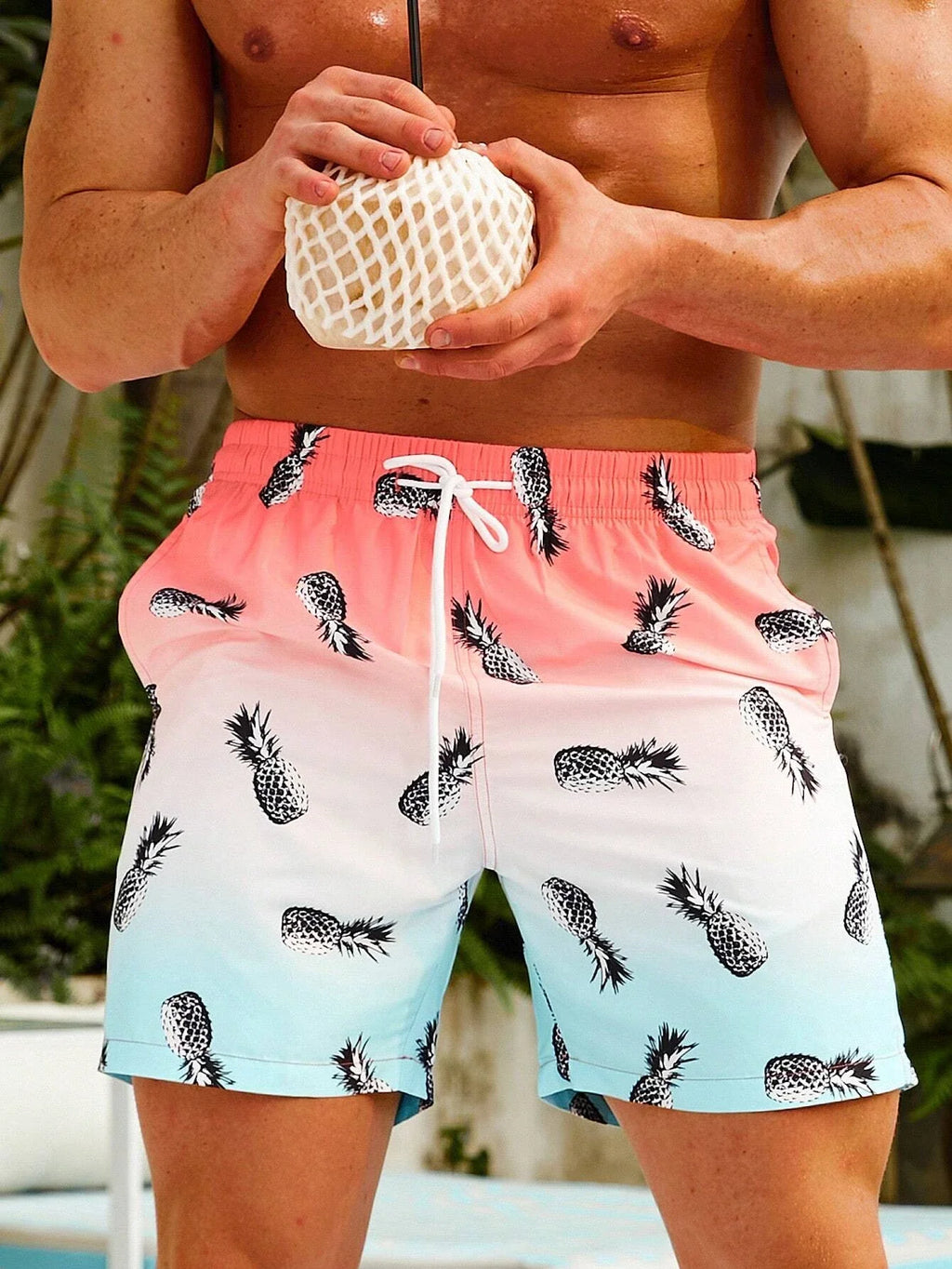 Short de Bain Homme Hawaïen Imprimé 3D Dégradé, Taille Élastique & Séchage Rapide, Style Summer Beach .