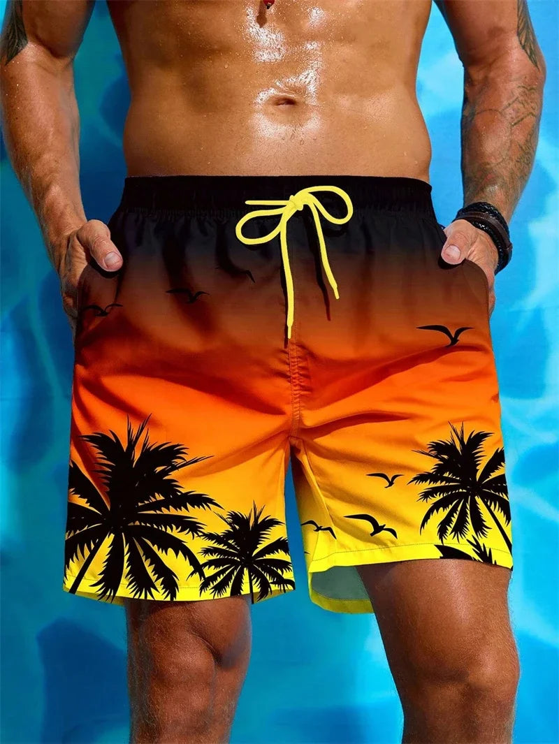 Boardshort Homme Vintage Imprimé 3D Palmiers Tropicaux, Short Hawaïen Respirant & Séchage Rapide.