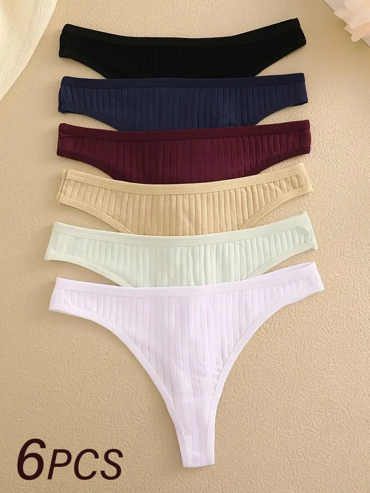 Lot de 6 strings femme coton côtelé – taille basse G-string, bikini sexy, couleurs unies S-XL