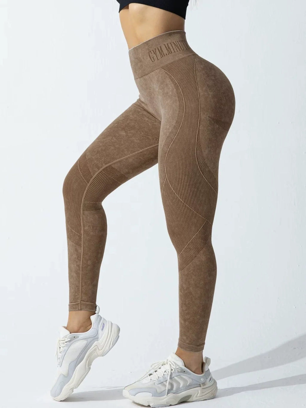 Legging de Sport Femme Seamless Taille Haute – Effet Push-Up Hanches, Yoga & Fitness, Tissu Sand Washed, Imprimé Lettres