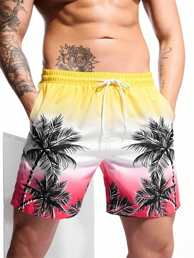 Boardshort Homme Vintage Imprimé 3D Palmiers Tropicaux, Short Hawaïen Respirant & Séchage Rapide.